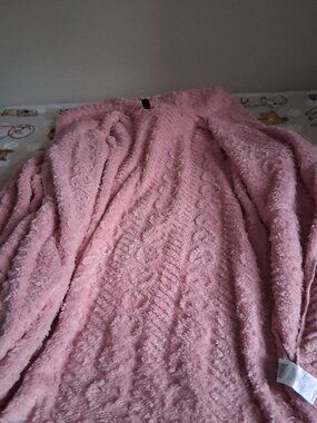 pink plus woman's fuzzy open sweater with hearts on it